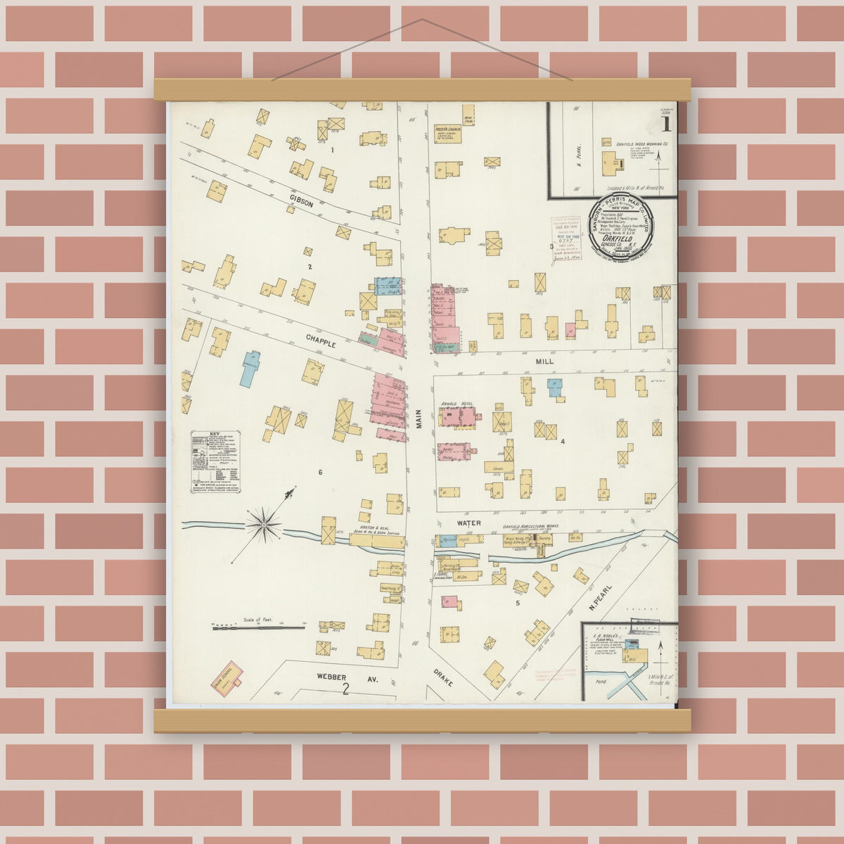 Old map wall art mockup — magnetic wood frame on brick wall — Sanborn Fire Insurance Map from Oakfield, Genesee County, New York (1900), Sheet #0001