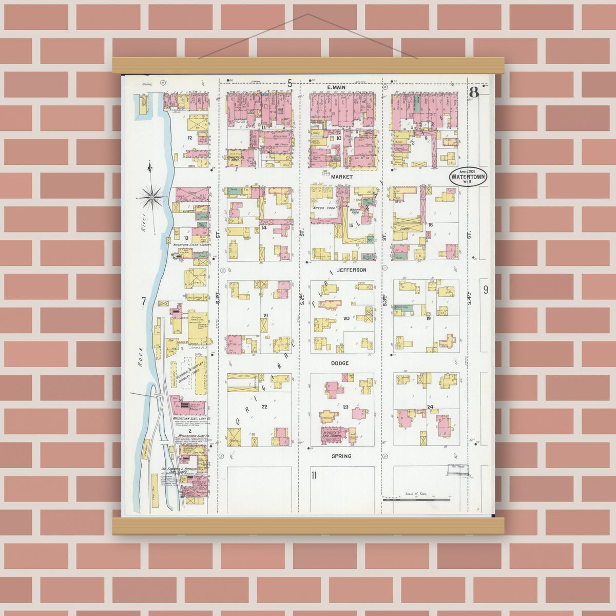 Old map wall art mockup — magnetic wood frame on brick wall — Sanborn Fire Insurance Map from Watertown, Jefferson County, Wisconsin (1901), Sheet #0008