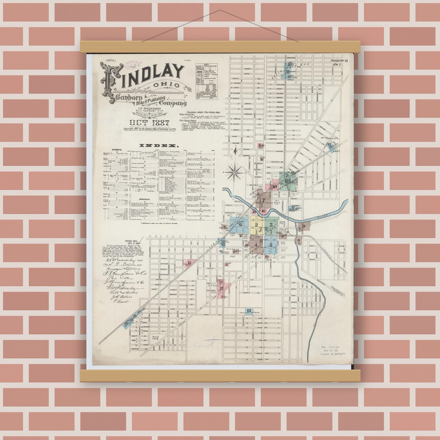 Old map wall art mockup — magnetic wood frame on brick wall — Sanborn Fire Insurance Map from Findlay, Hancock County, Ohio (1887), Sheet #0001