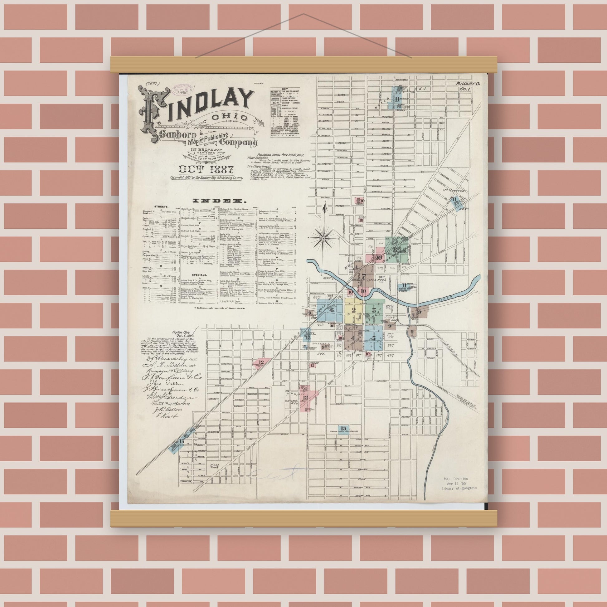 Old map wall art mockup — magnetic wood frame on brick wall — Sanborn Fire Insurance Map from Findlay, Hancock County, Ohio (1887), Sheet #0001