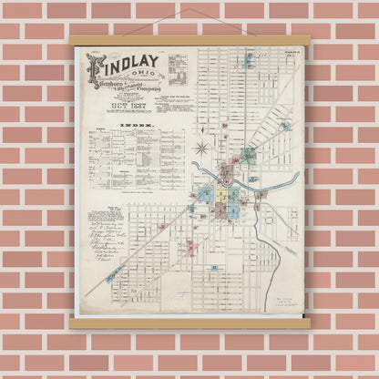 Old map wall art mockup — magnetic wood frame on brick wall — Sanborn Fire Insurance Map from Findlay, Hancock County, Ohio (1887), Sheet #0001