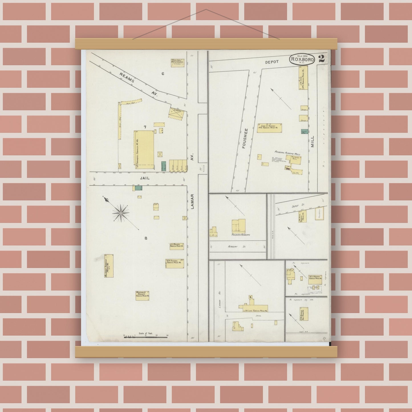 Old map wall art mockup — magnetic wood frame on brick wall — Sanborn Fire Insurance Map from Roxboro, Person County, North Carolina (1894), Sheet #0002