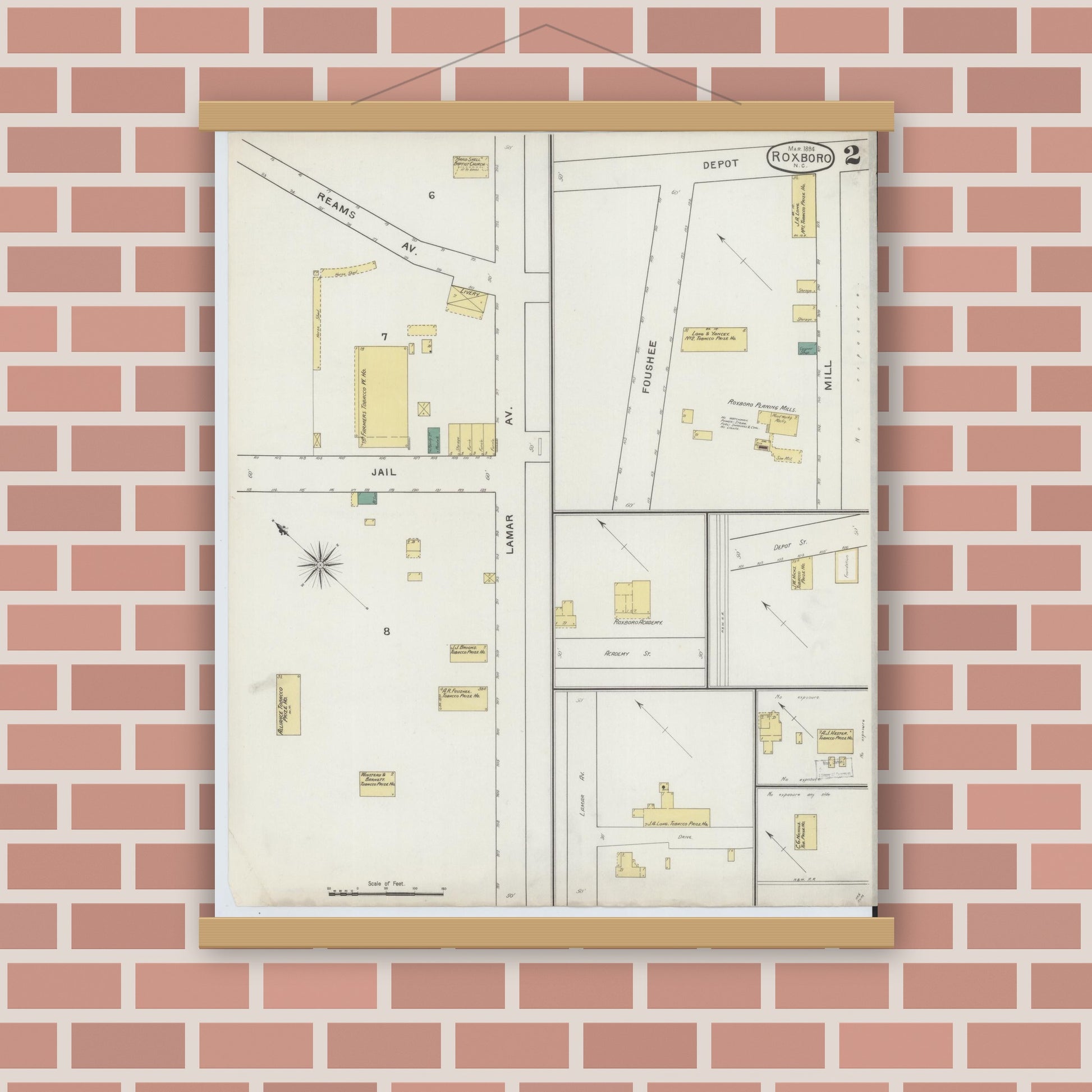 Old map wall art mockup — magnetic wood frame on brick wall — Sanborn Fire Insurance Map from Roxboro, Person County, North Carolina (1894), Sheet #0002