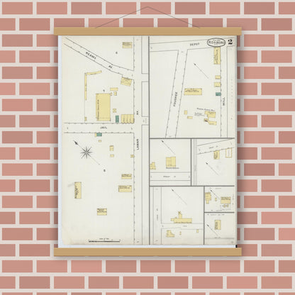 Old map wall art mockup — magnetic wood frame on brick wall — Sanborn Fire Insurance Map from Roxboro, Person County, North Carolina (1894), Sheet #0002