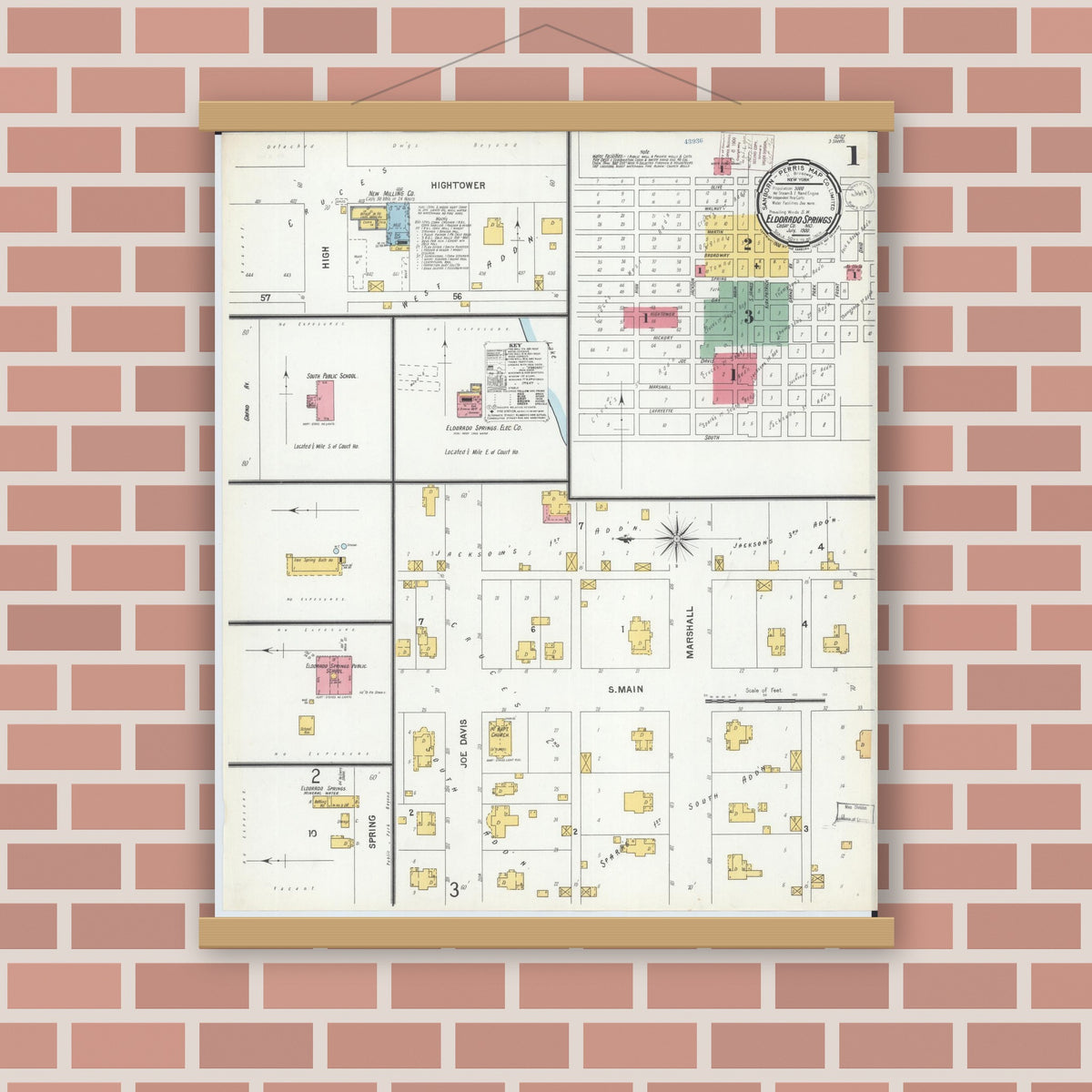 Old map wall art mockup — magnetic wood frame on brick wall — Sanborn Fire Insurance Map from Eldorado Springs, Cedar County, Missouri (1900) - Complete Map Set