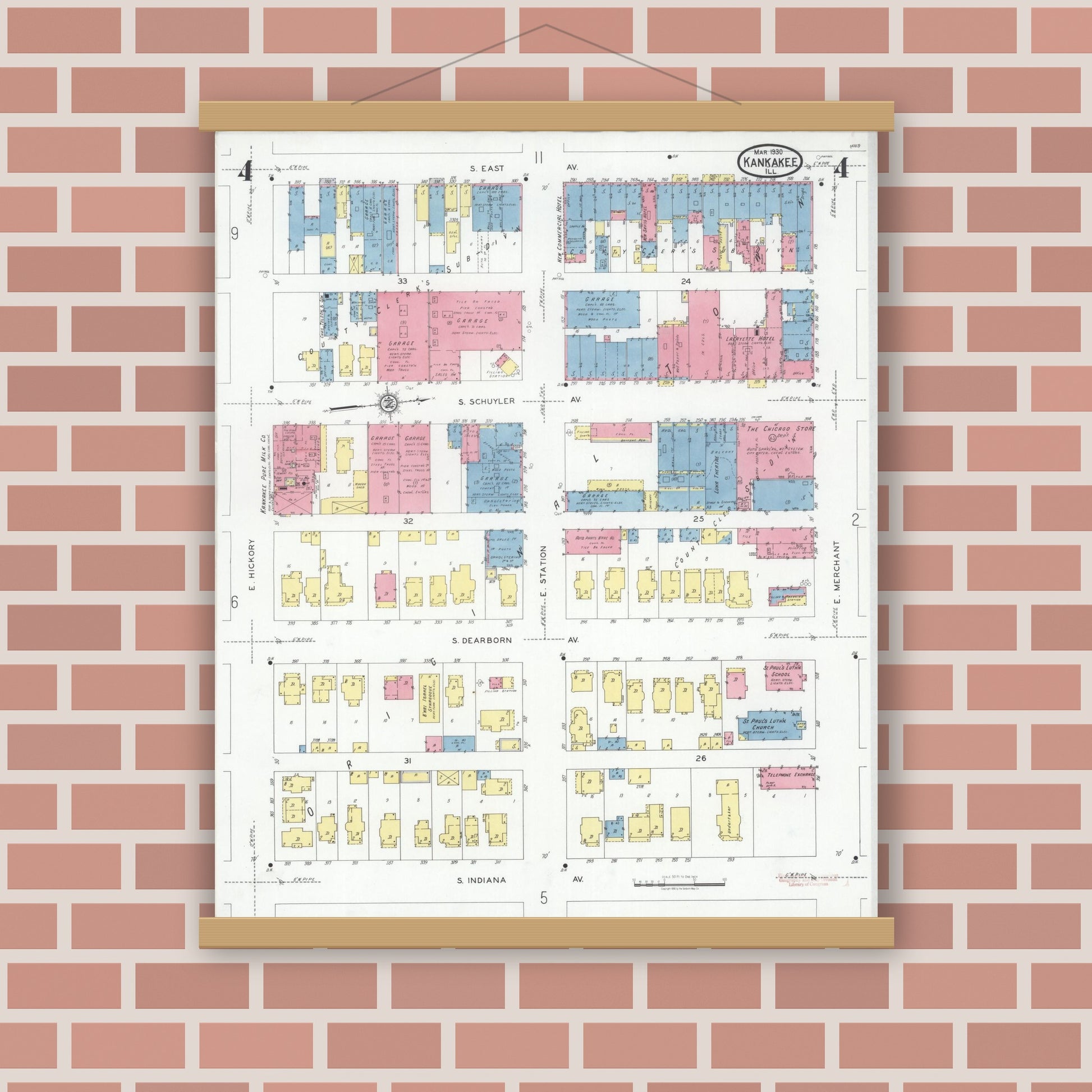 Old map wall art mockup — magnetic wood frame on brick wall — Sanborn Fire Insurance Map from Kankakee, Kankakee County, Illinois (1930), Sheet #0004