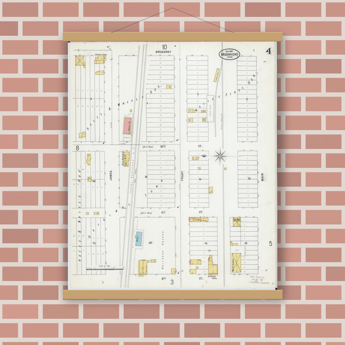 Old map wall art mockup — magnetic wood frame on brick wall — Sanborn Fire Insurance Map from Moorhead, Clay County, Minnesota (1899), Sheet #0004