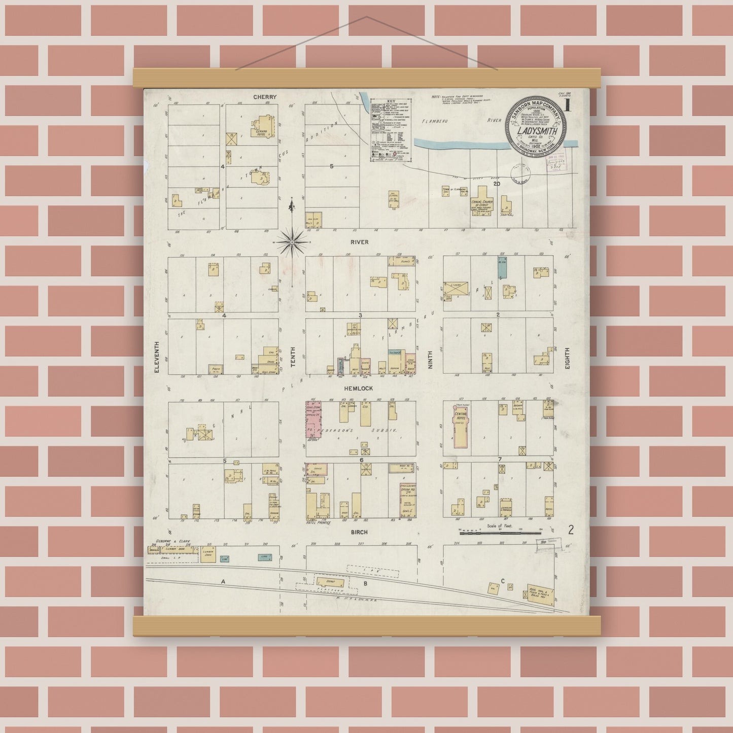 Old map wall art mockup — magnetic wood frame on brick wall — Sanborn Fire Insurance Map from Ladysmith, Rusk County, Wisconsin (1902) - Complete Map Set