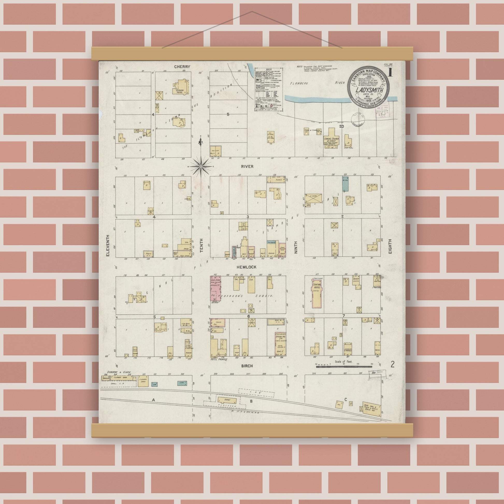 Old map wall art mockup — magnetic wood frame on brick wall — Sanborn Fire Insurance Map from Ladysmith, Rusk County, Wisconsin (1902) - Complete Map Set