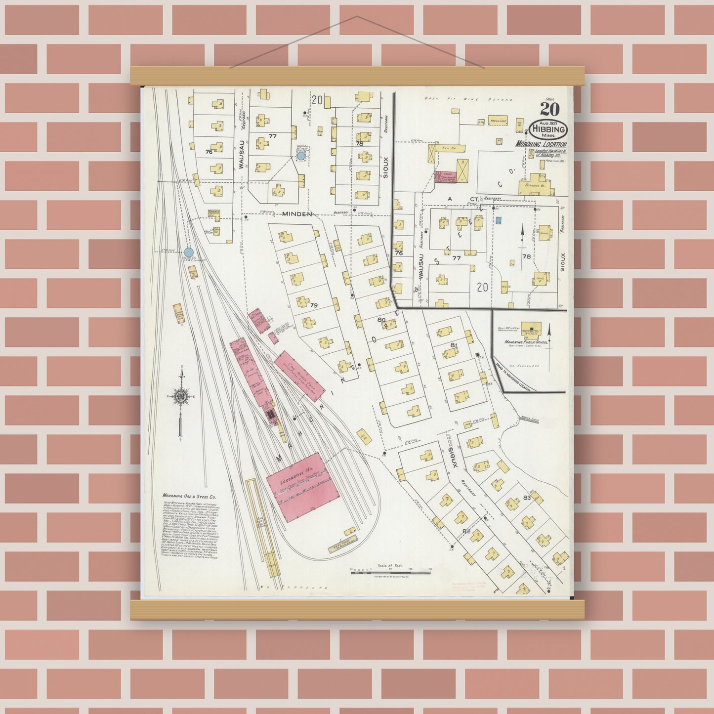 Old map wall art mockup — magnetic wood frame on brick wall — Sanborn Fire Insurance Map from Hibbing, Saint Louis County, Minnesota (1921), Sheet #0020