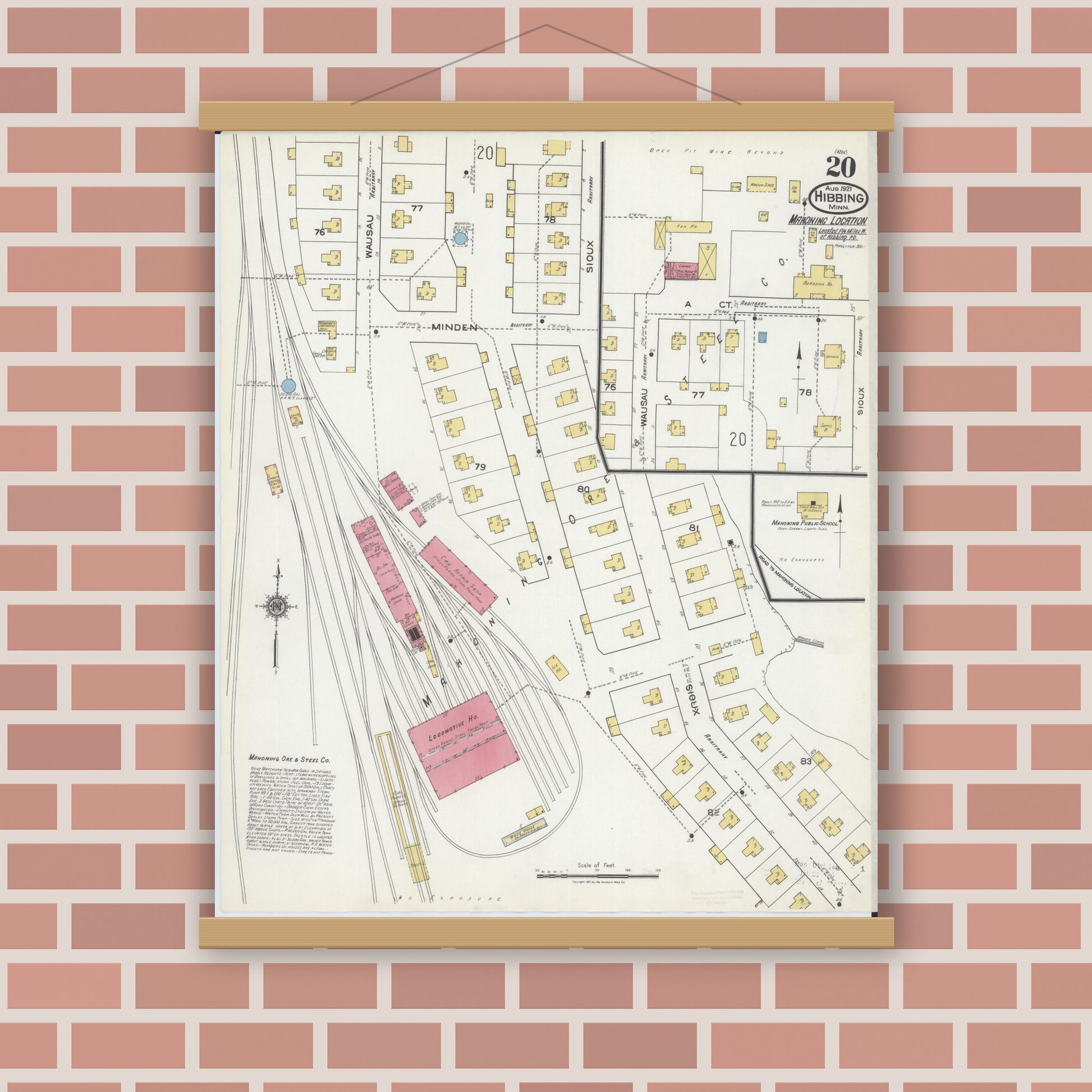 Old map wall art mockup — magnetic wood frame on brick wall — Sanborn Fire Insurance Map from Hibbing, Saint Louis County, Minnesota (1921), Sheet #0020