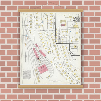 Old map wall art mockup — magnetic wood frame on brick wall — Sanborn Fire Insurance Map from Hibbing, Saint Louis County, Minnesota (1921), Sheet #0020