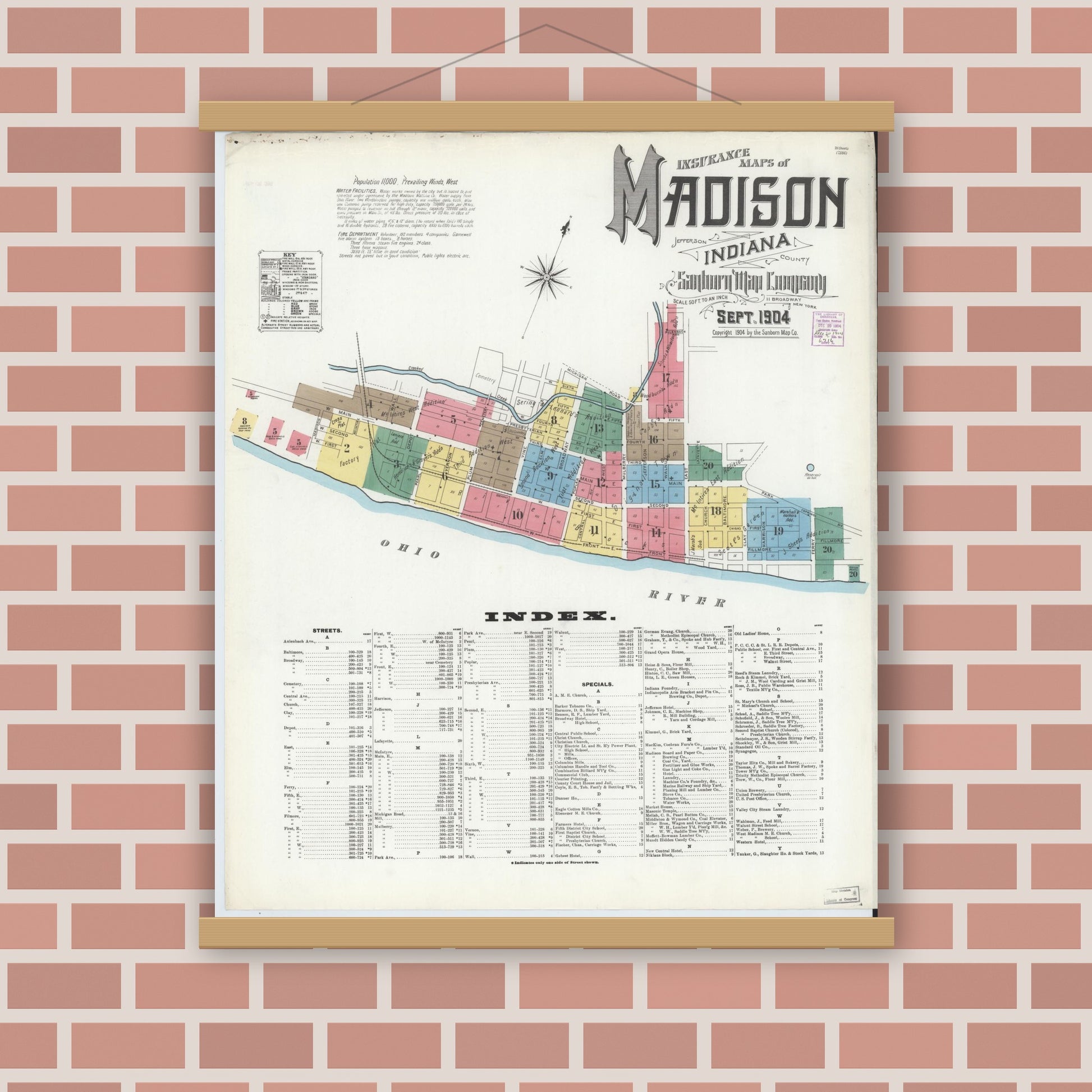 Old map wall art mockup — magnetic wood frame on brick wall — Sanborn Fire Insurance Map from Madison, Jefferson County, Indiana (1904), Sheet #0001