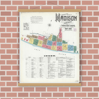 Old map wall art mockup — magnetic wood frame on brick wall — Sanborn Fire Insurance Map from Madison, Jefferson County, Indiana (1904), Sheet #0001