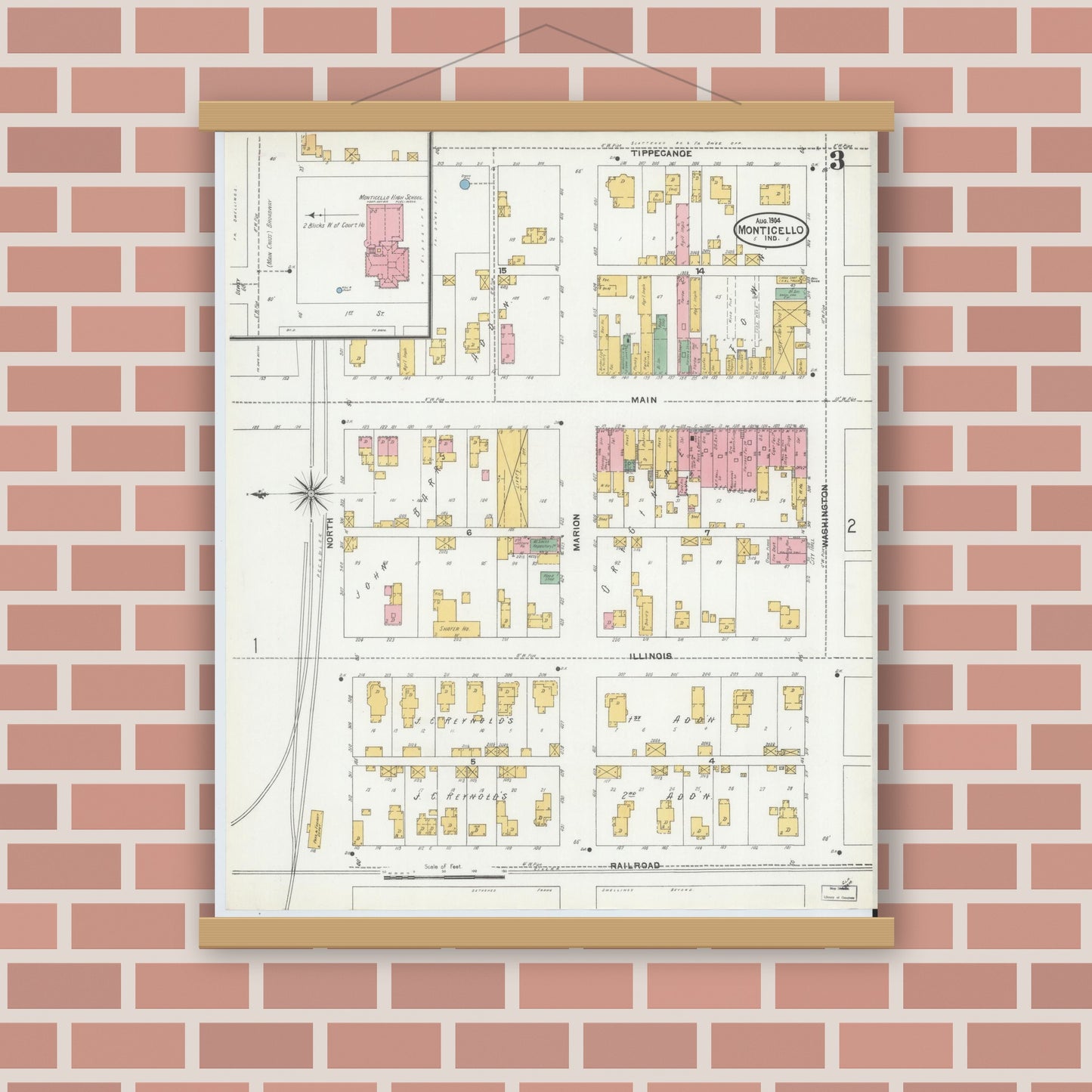 Old map wall art mockup — magnetic wood frame on brick wall — Sanborn Fire Insurance Map from Monticello, White County, Indiana (1904), Sheet #0003