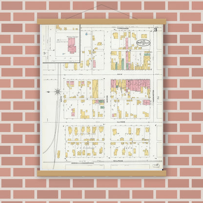 Old map wall art mockup — magnetic wood frame on brick wall — Sanborn Fire Insurance Map from Monticello, White County, Indiana (1904), Sheet #0003