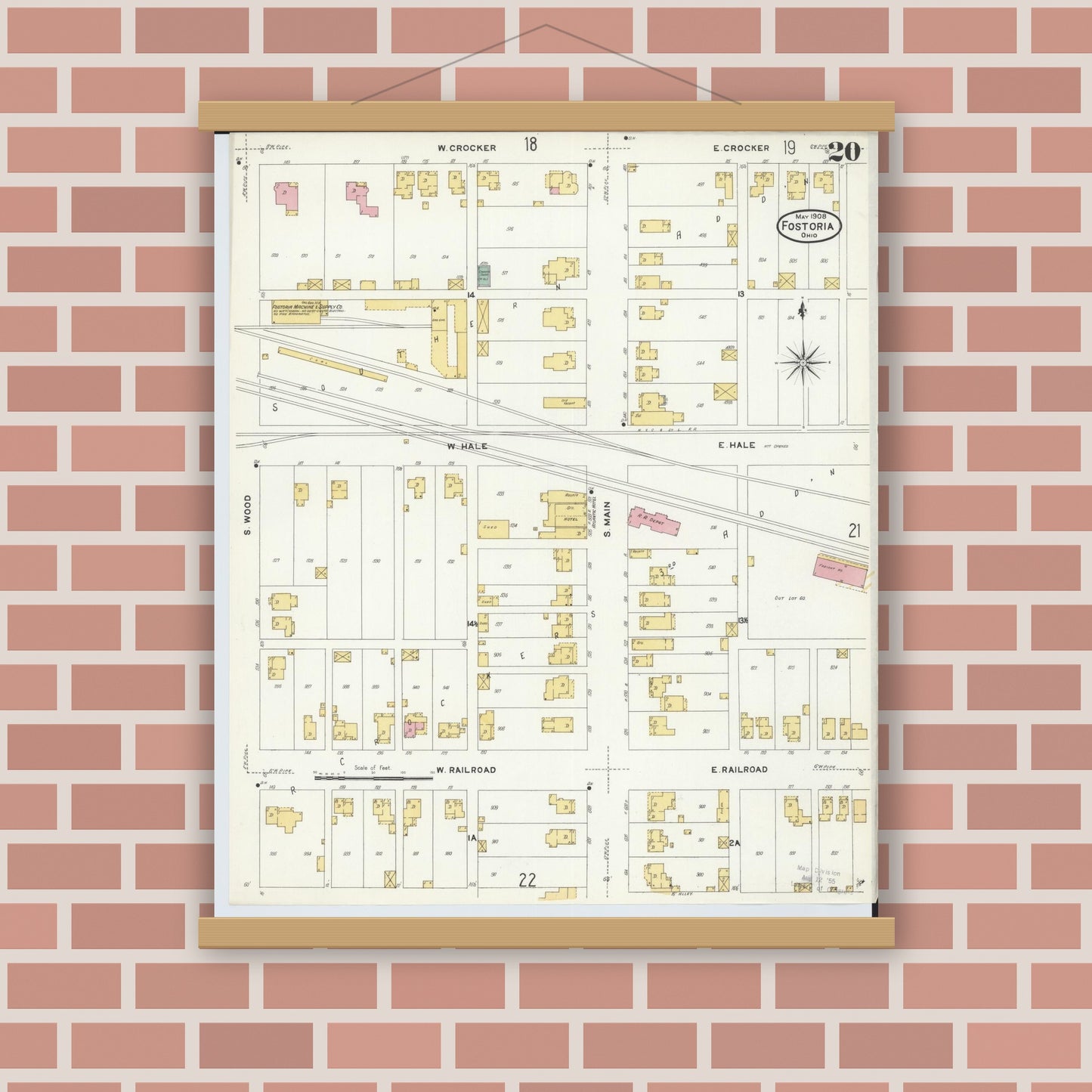 Old map wall art mockup — magnetic wood frame on brick wall — Sanborn Fire Insurance Map from Fostoria, Seneca, Hancock, And Wood Counties, Ohio (1908), Sheet #0020
