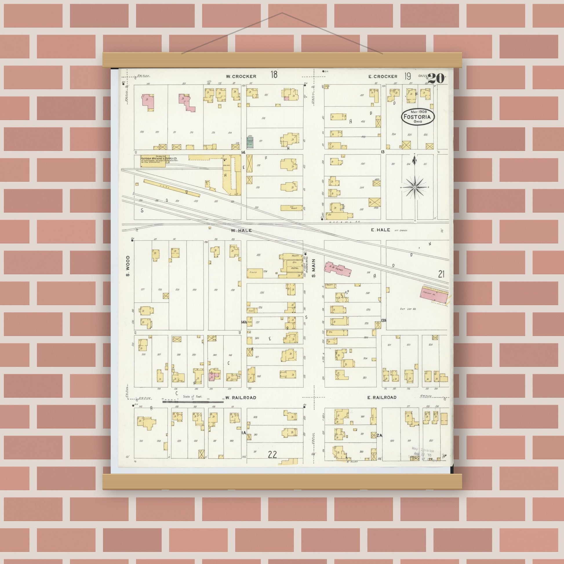 Old map wall art mockup — magnetic wood frame on brick wall — Sanborn Fire Insurance Map from Fostoria, Seneca, Hancock, And Wood Counties, Ohio (1908), Sheet #0020