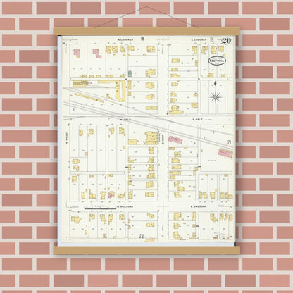 Old map wall art mockup — magnetic wood frame on brick wall — Sanborn Fire Insurance Map from Fostoria, Seneca, Hancock, And Wood Counties, Ohio (1908), Sheet #0020