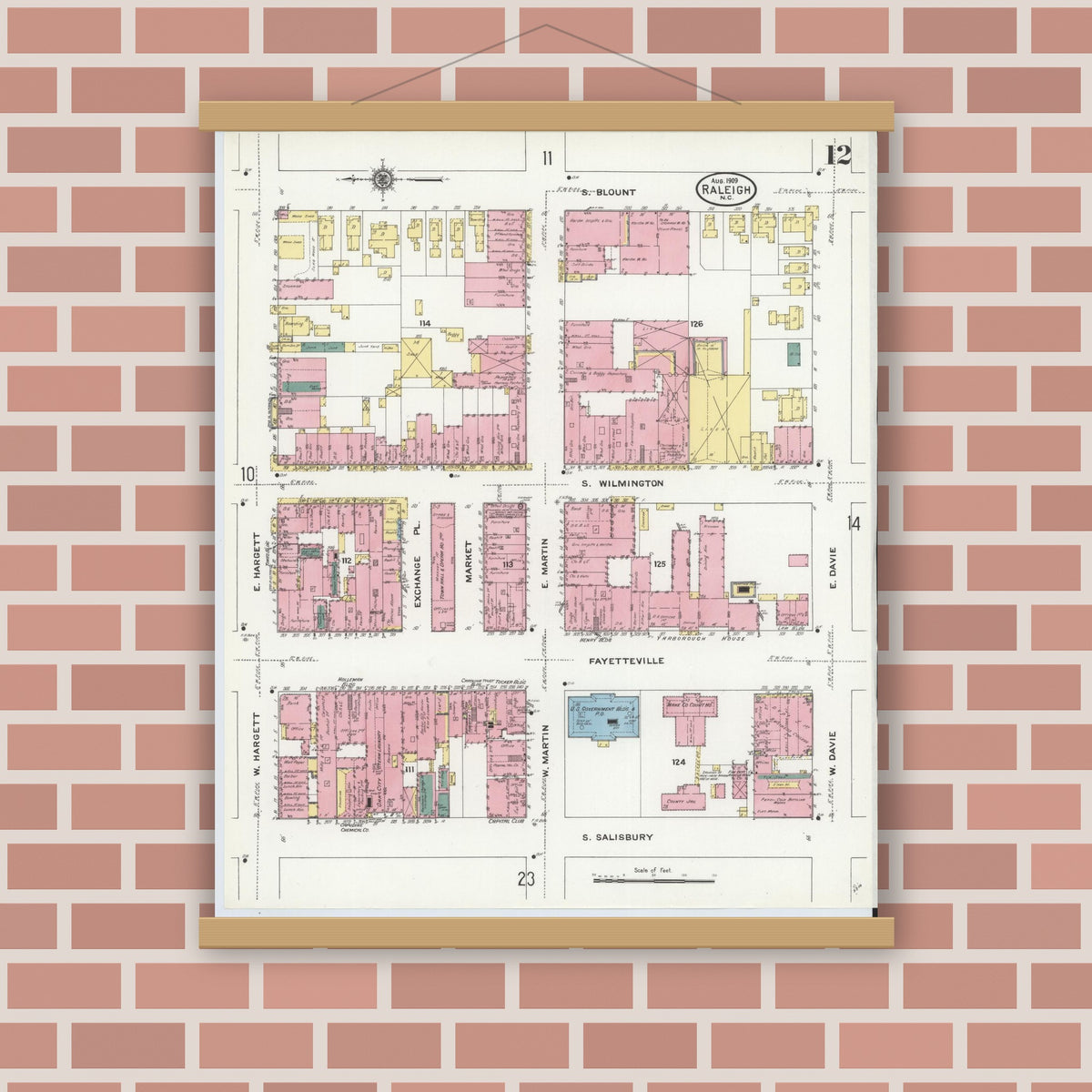 Old map wall art mockup — magnetic wood frame on brick wall — Sanborn Fire Insurance Map from Raleigh, Wake County, North Carolina (1909), Sheet #0012