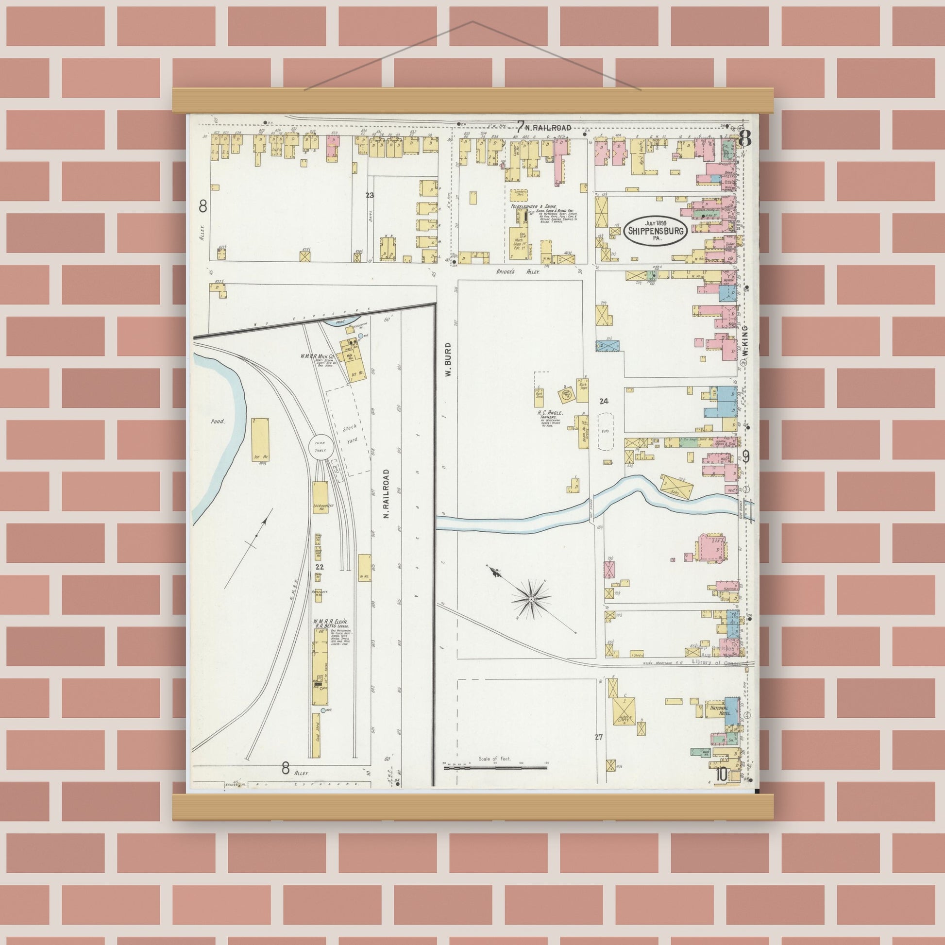 Old map wall art mockup — magnetic wood frame on brick wall — Sanborn Fire Insurance Map from Shippensburg, Cumberland And Franklin Counties, Pennsylvania (1899), Sheet #0008