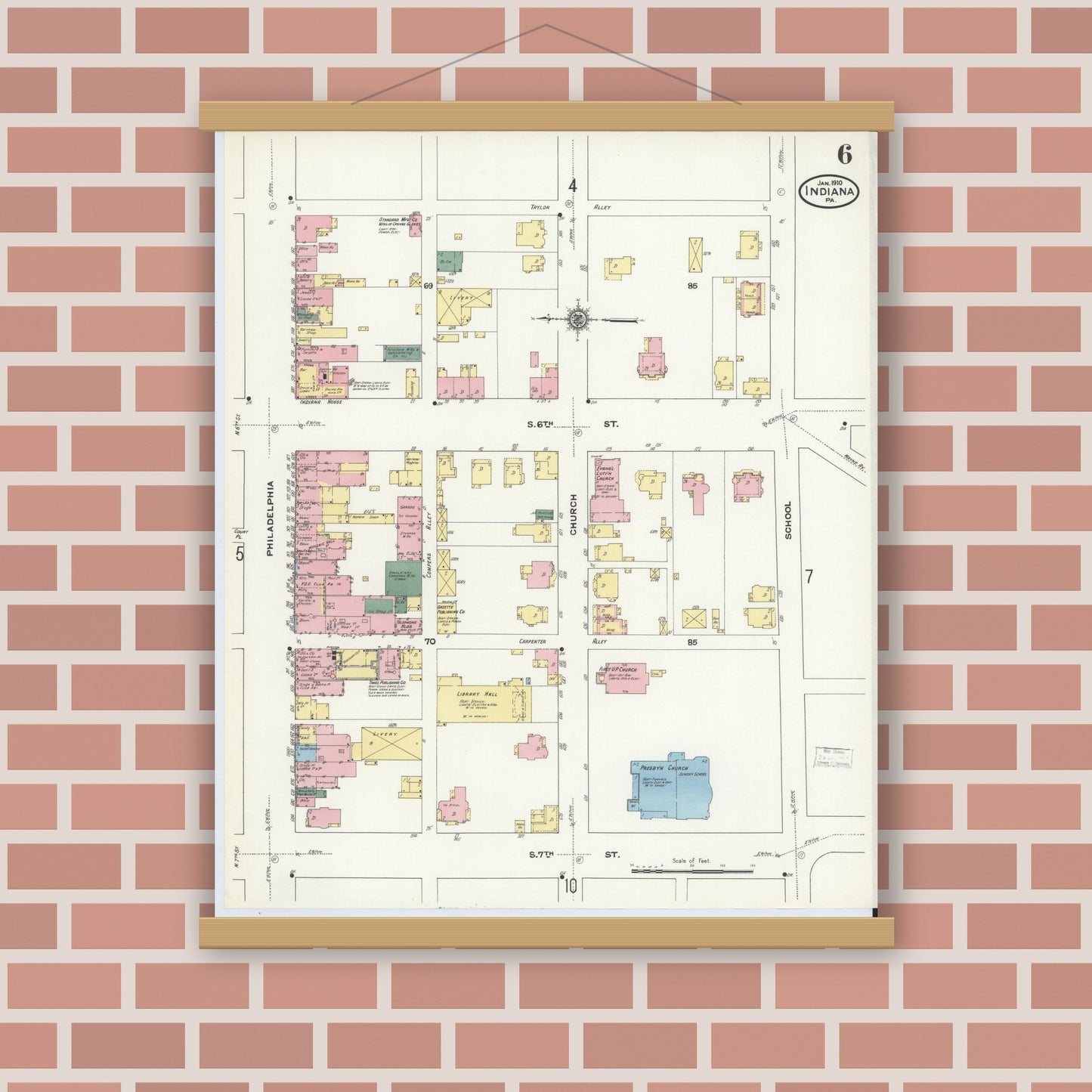 Old map wall art mockup — magnetic wood frame on brick wall — Sanborn Fire Insurance Map from Indiana, Indiana County, Pennsylvania (1910), Sheet #0006