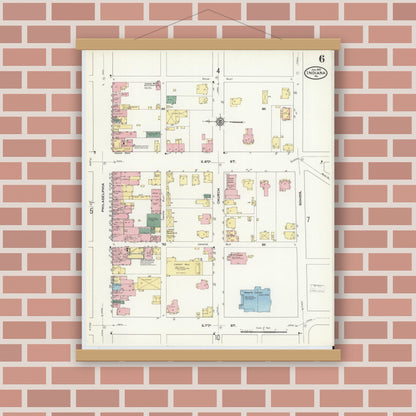 Old map wall art mockup — magnetic wood frame on brick wall — Sanborn Fire Insurance Map from Indiana, Indiana County, Pennsylvania (1910), Sheet #0006