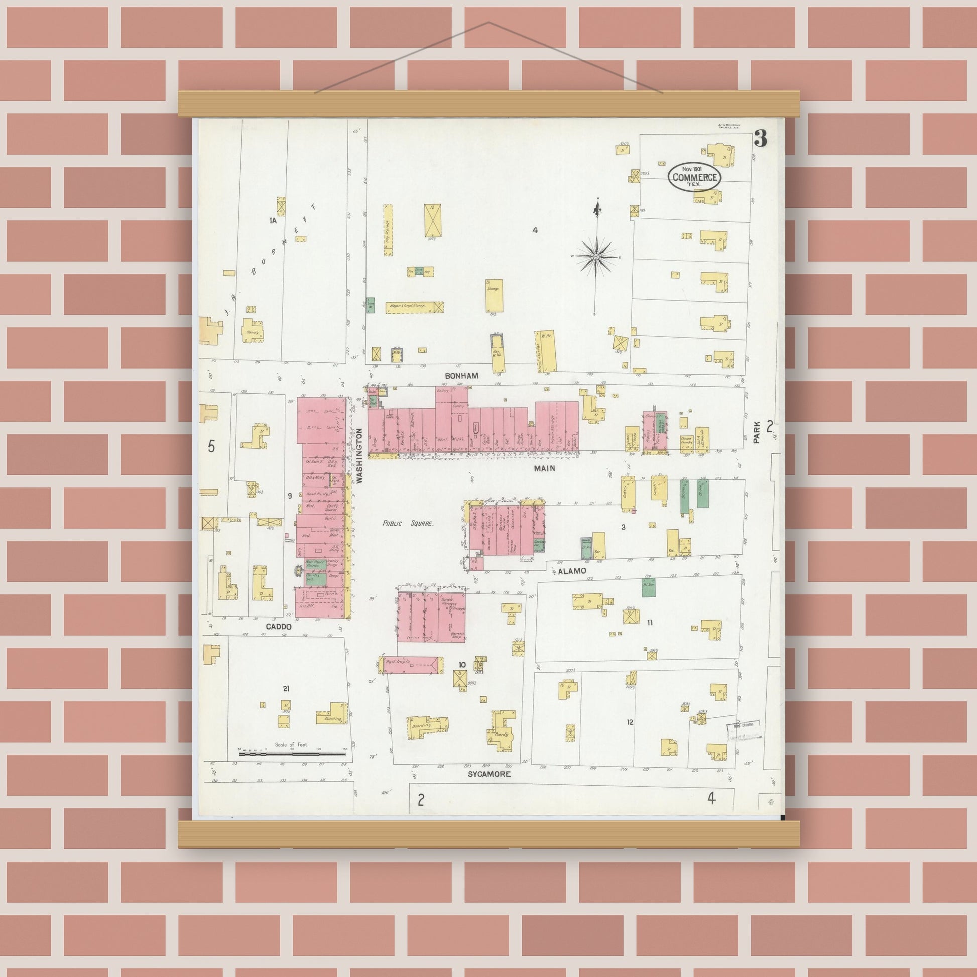 Old map wall art mockup — magnetic wood frame on brick wall — Sanborn Fire Insurance Map from Commerce, Hunt County, Texas (1901), Sheet #0003