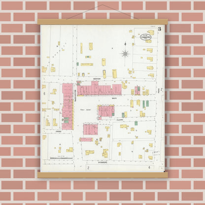 Old map wall art mockup — magnetic wood frame on brick wall — Sanborn Fire Insurance Map from Commerce, Hunt County, Texas (1901), Sheet #0003