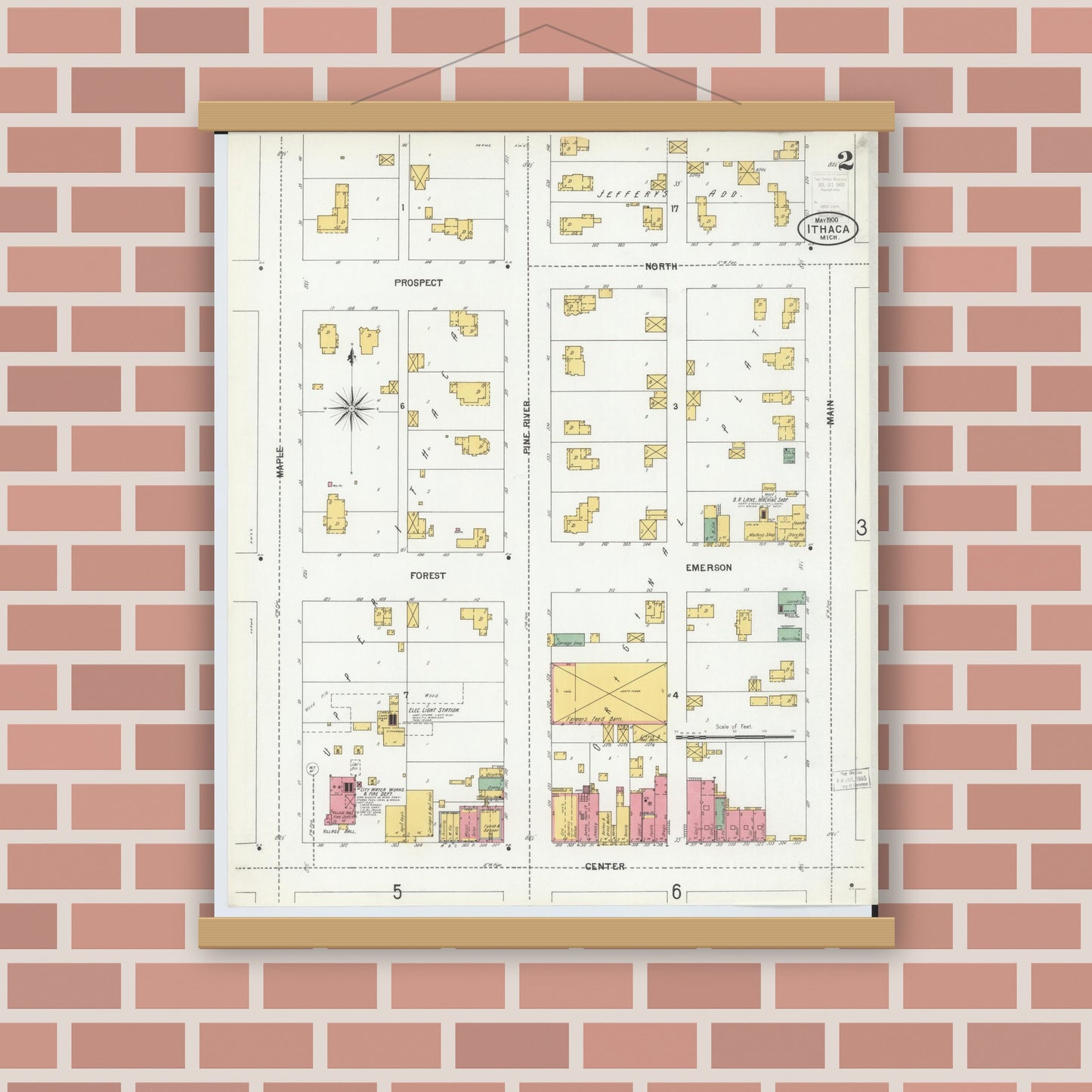 Old map wall art mockup — magnetic wood frame on brick wall — Sanborn Fire Insurance Map from Ithaca, Gratiot County, Michigan (1900), Sheet #0002