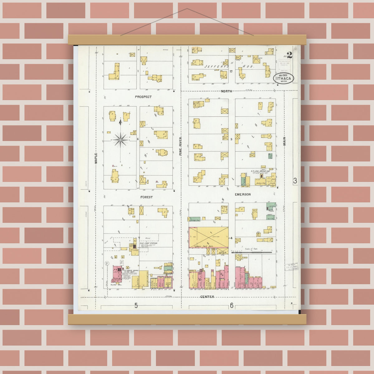 Old map wall art mockup — magnetic wood frame on brick wall — Sanborn Fire Insurance Map from Ithaca, Gratiot County, Michigan (1900), Sheet #0002