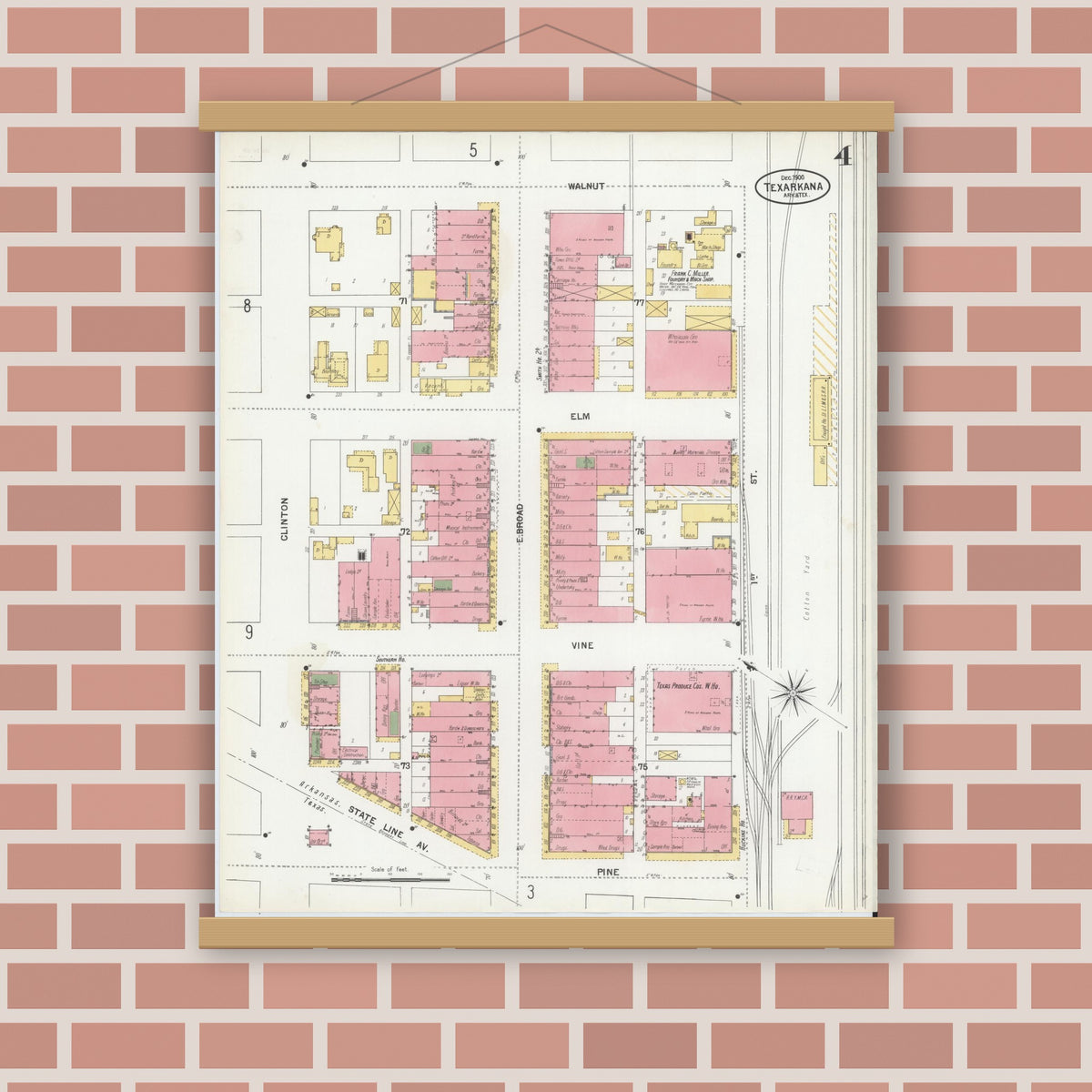 Old map wall art mockup — magnetic wood frame on brick wall — Sanborn Fire Insurance Map from Texarkana, Bowie County, Texas (1900), Sheet #0004