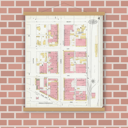 Old map wall art mockup — magnetic wood frame on brick wall — Sanborn Fire Insurance Map from Texarkana, Bowie County, Texas (1900), Sheet #0004