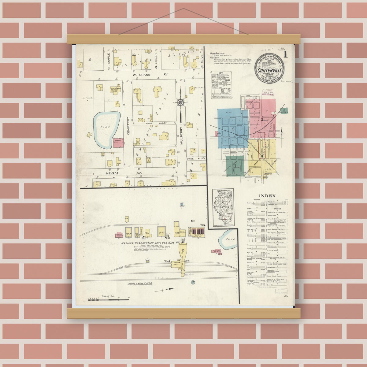 Old map wall art mockup — magnetic wood frame on brick wall — Sanborn Fire Insurance Map from Carterville, Williamson County, Illinois (1913) - Complete Map Set