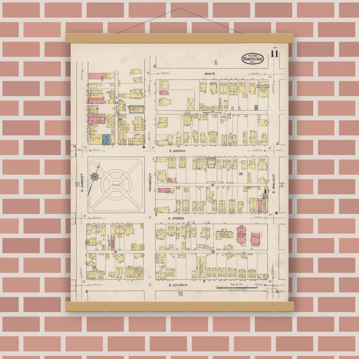 Old map wall art mockup — magnetic wood frame on brick wall — Sanborn Fire Insurance Map from Nanticoke, Luzerne County, Pennsylvania (1920), Sheet #0011