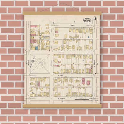 Old map wall art mockup — magnetic wood frame on brick wall — Sanborn Fire Insurance Map from Nanticoke, Luzerne County, Pennsylvania (1920), Sheet #0011