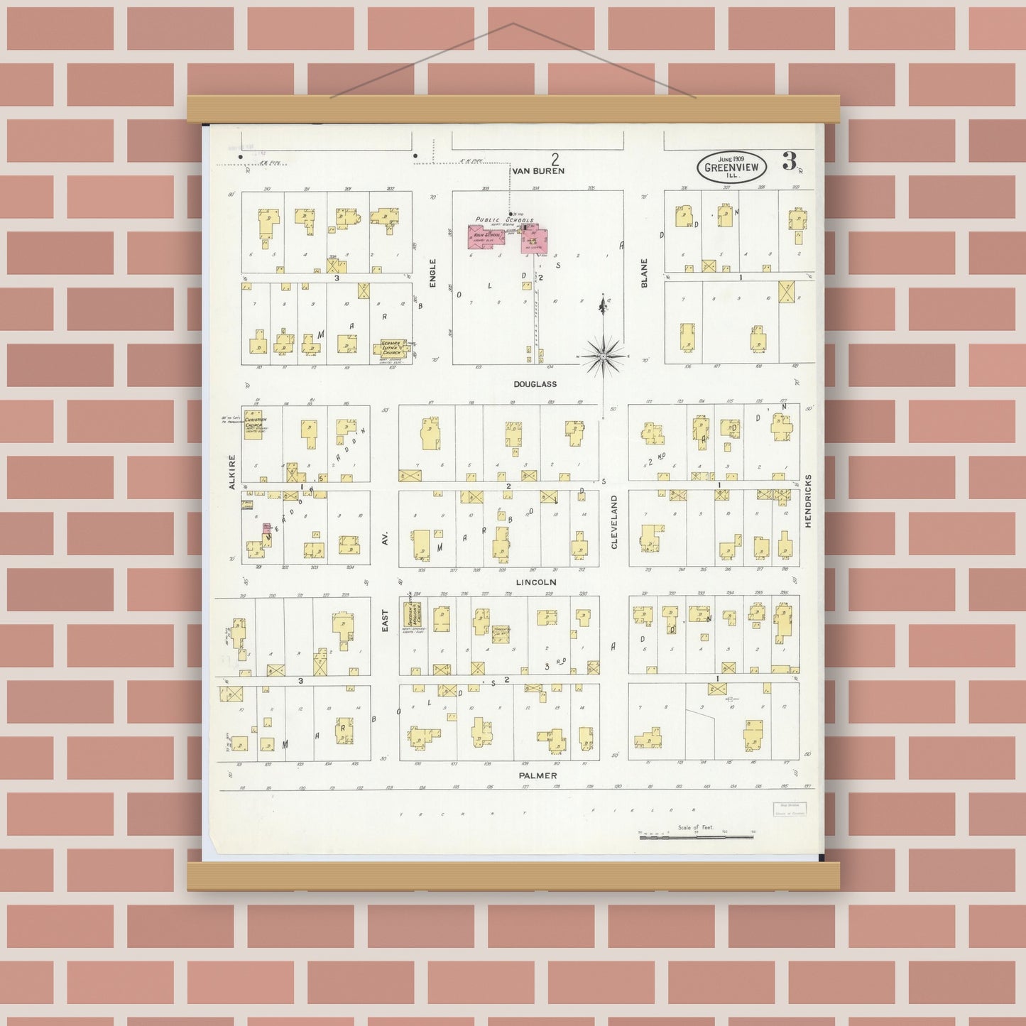 Old map wall art mockup — magnetic wood frame on brick wall — Sanborn Fire Insurance Map from Greenview, Menard County, Illinois (1909), Sheet #0003