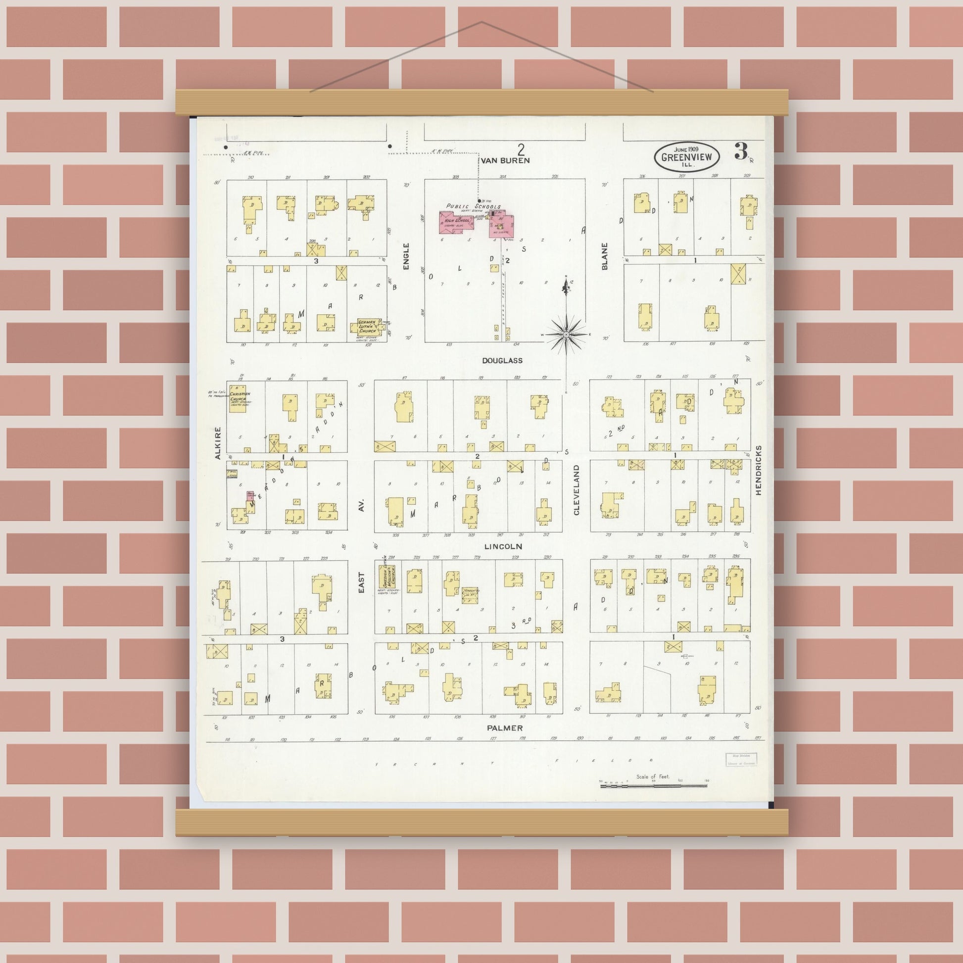 Old map wall art mockup — magnetic wood frame on brick wall — Sanborn Fire Insurance Map from Greenview, Menard County, Illinois (1909), Sheet #0003