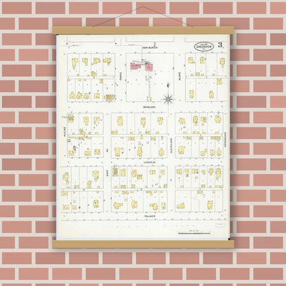 Old map wall art mockup — magnetic wood frame on brick wall — Sanborn Fire Insurance Map from Greenview, Menard County, Illinois (1909), Sheet #0003