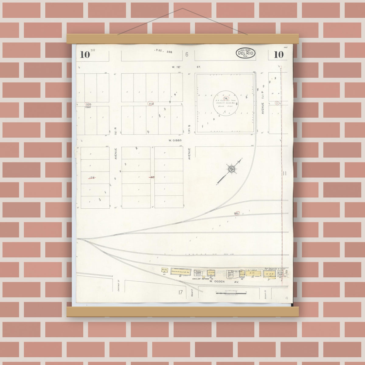 Old map wall art mockup — magnetic wood frame on brick wall — Sanborn Fire Insurance Map from Del Rio, Val Verde County, Texas (1948), Sheet #0010