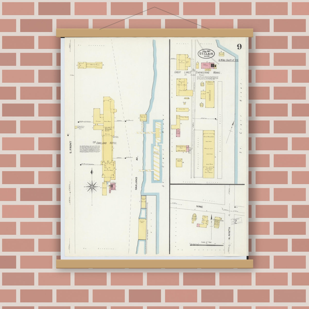 Old map wall art mockup — magnetic wood frame on brick wall — Sanborn Fire Insurance Map from Saint Clair, Saint Clair County, Michigan (1907), Sheet #0009