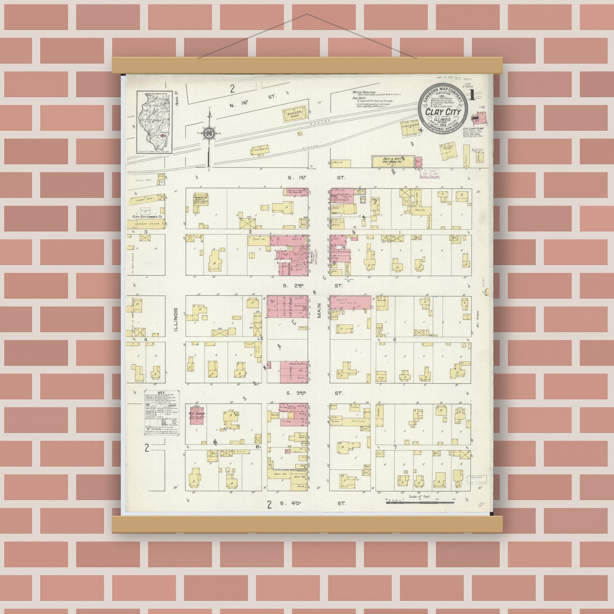 Old map wall art mockup — magnetic wood frame on brick wall — Sanborn Fire Insurance Map from Clay City, Clay County, Illinois (1913) - Complete Map Set