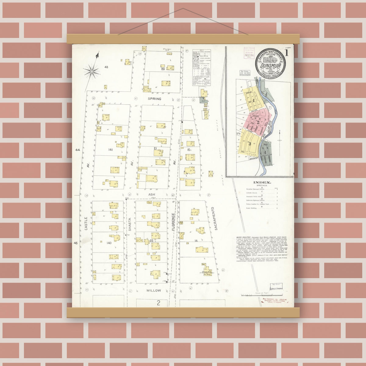 Old map wall art mockup — magnetic wood frame on brick wall — Sanborn Fire Insurance Map from Dunsmuir, Siskiyou County, California (1903) - Complete Map Set