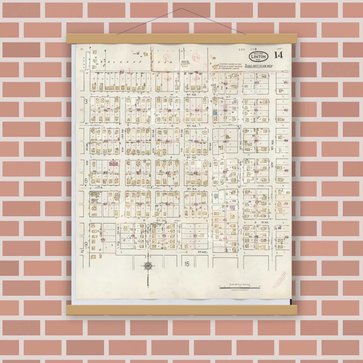 Old map wall art mockup — magnetic wood frame on brick wall — Sanborn Fire Insurance Map from Linton, Greene County, Indiana (1948), Sheet #0014