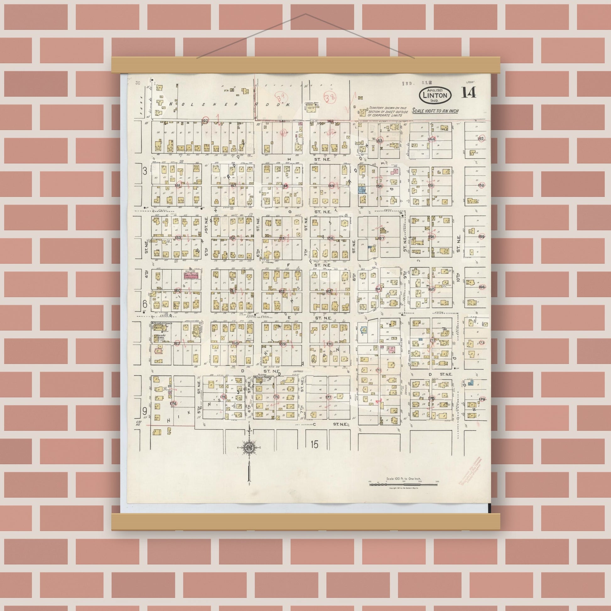 Old map wall art mockup — magnetic wood frame on brick wall — Sanborn Fire Insurance Map from Linton, Greene County, Indiana (1948), Sheet #0014