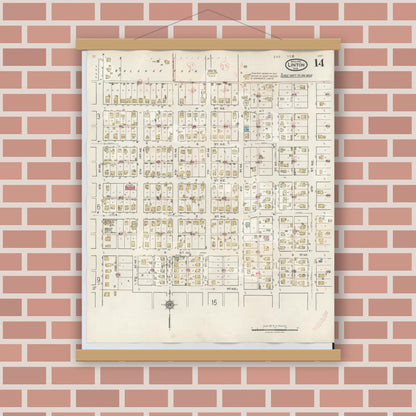 Old map wall art mockup — magnetic wood frame on brick wall — Sanborn Fire Insurance Map from Linton, Greene County, Indiana (1948), Sheet #0014