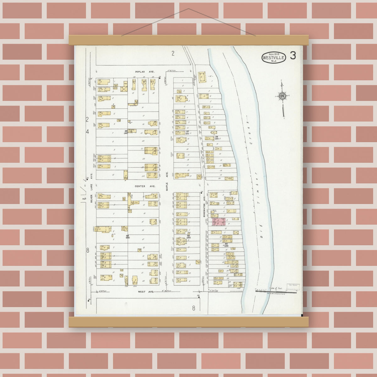 Old map wall art mockup — magnetic wood frame on brick wall — Sanborn Fire Insurance Map from Westville, Gloucester County, New Jersey (1919), Sheet #0003