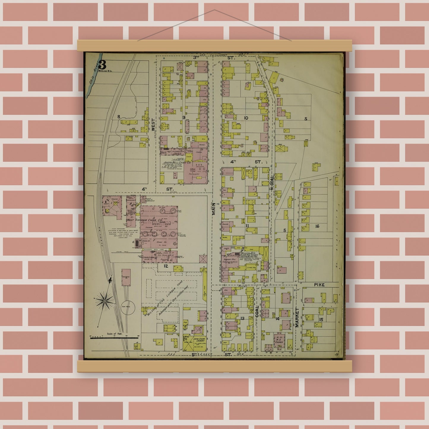 Old map wall art mockup — magnetic wood frame on brick wall — Sanborn Fire Insurance Map from Wheeling, Ohio County, West Virginia (1890), Sheet #0003