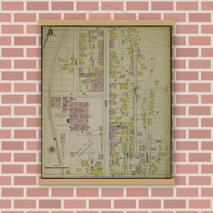 Old map wall art mockup — magnetic wood frame on brick wall — Sanborn Fire Insurance Map from Wheeling, Ohio County, West Virginia (1890), Sheet #0003