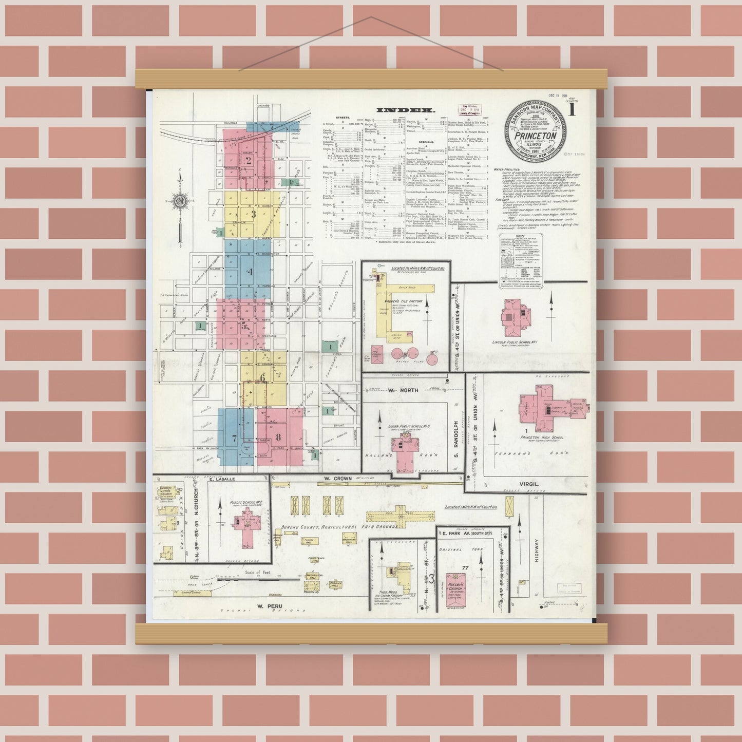 Old map wall art mockup — magnetic wood frame on brick wall — Sanborn Fire Insurance Map from Princeton, Bureau County, Illinois (1911), Sheet #0001